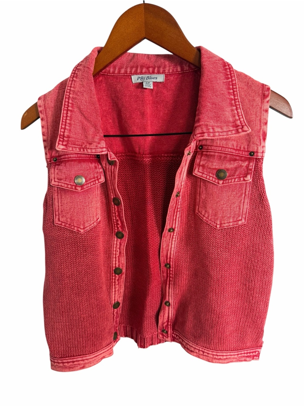 Red Distressed Denim Button-Front Vest - Knit Back S - Picture 2 of 6